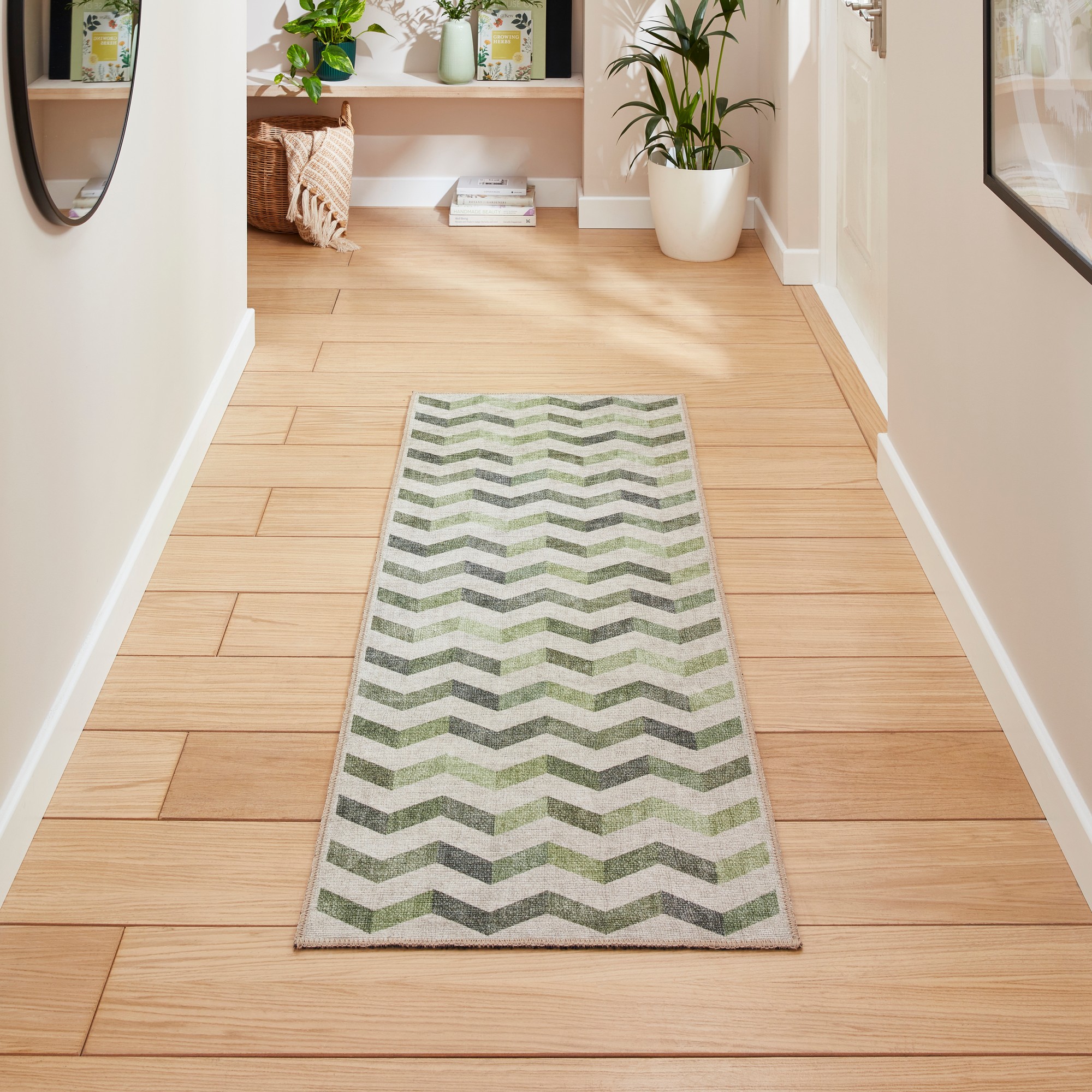 Coral H1059 Modern Washable Chevron Runner Rugs In Green